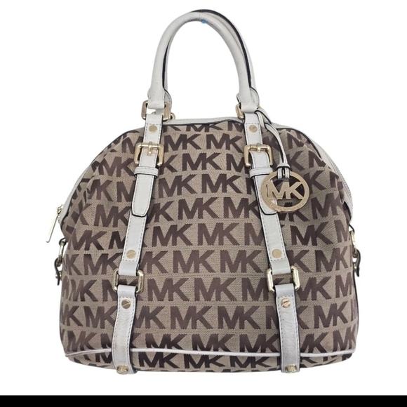 Michael Kors Handbag Bedford Women Medium Logo Satchel Jacquard Beige - Picture 2 of 14